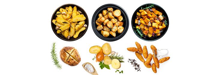 Diferentes tipos de tubérculos preparados de distintas formas que son alimentos que tienen potasio