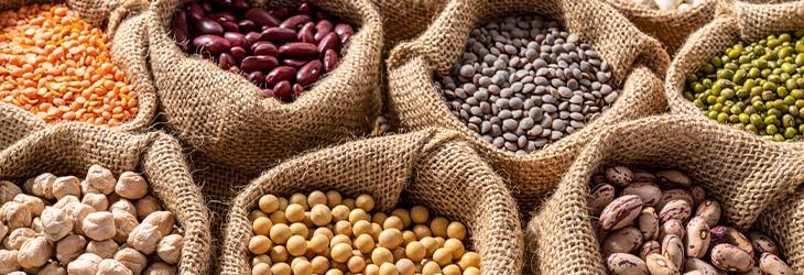 Leguminosas en sacos como garbanzos, lentejas, soya y frijoles son ricas en vitamina B