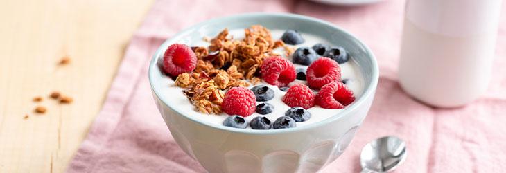 Yogur con arándanos, frambuesas y cereal es un snack saludable y excelente