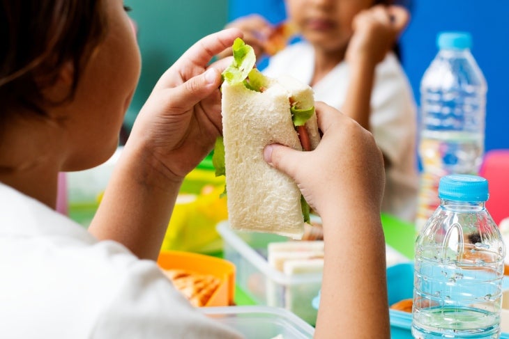 Niña comiendo saludable mientras estudia